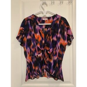 Parker‎ Silk Blend Tie Front Flutter Sleeve Blouse Large Short Sleeve Artsy Chic